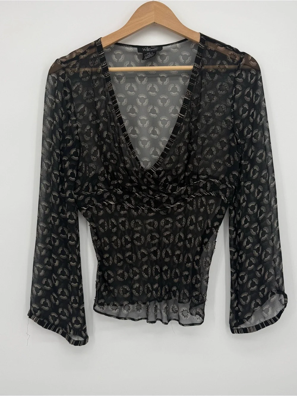 Willi Smith Silk Sheer Blouse Top Black Print Beaded Size Small Y2k
